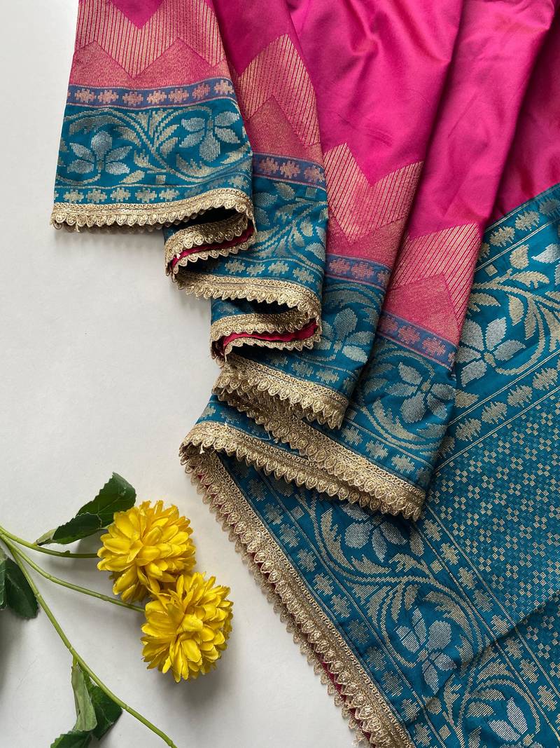 magenta color zari weaves contrast pallu and designer chaap border silk blend saree
