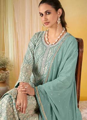 Sea green faux georgette readymade embroidered palazzo suit 2