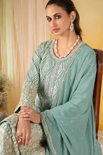 Sea green faux georgette readymade embroidered palazzo suit