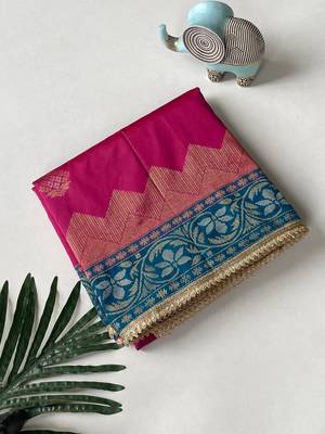 magenta color zari weaves contrast pallu and designer chaap border silk blend saree 4