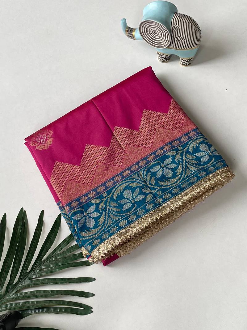 magenta color zari weaves contrast pallu and designer chaap border silk blend saree