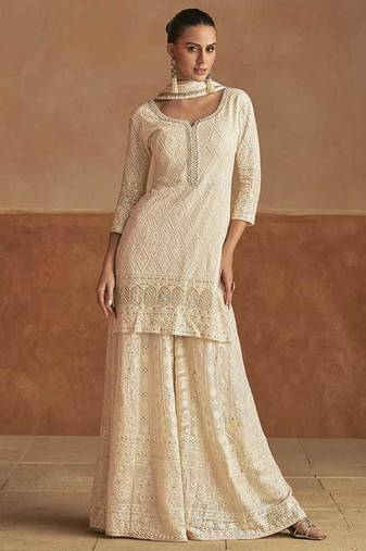 Cream faux georgette readymade embroidered palazzo suit