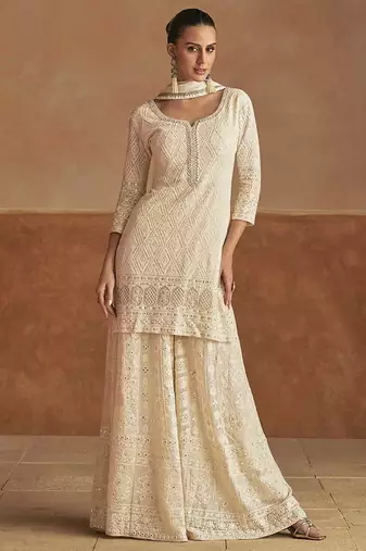 Cream faux georgette readymade embroidered palazzo suit
