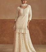 Cream faux georgette readymade embroidered palazzo suit
