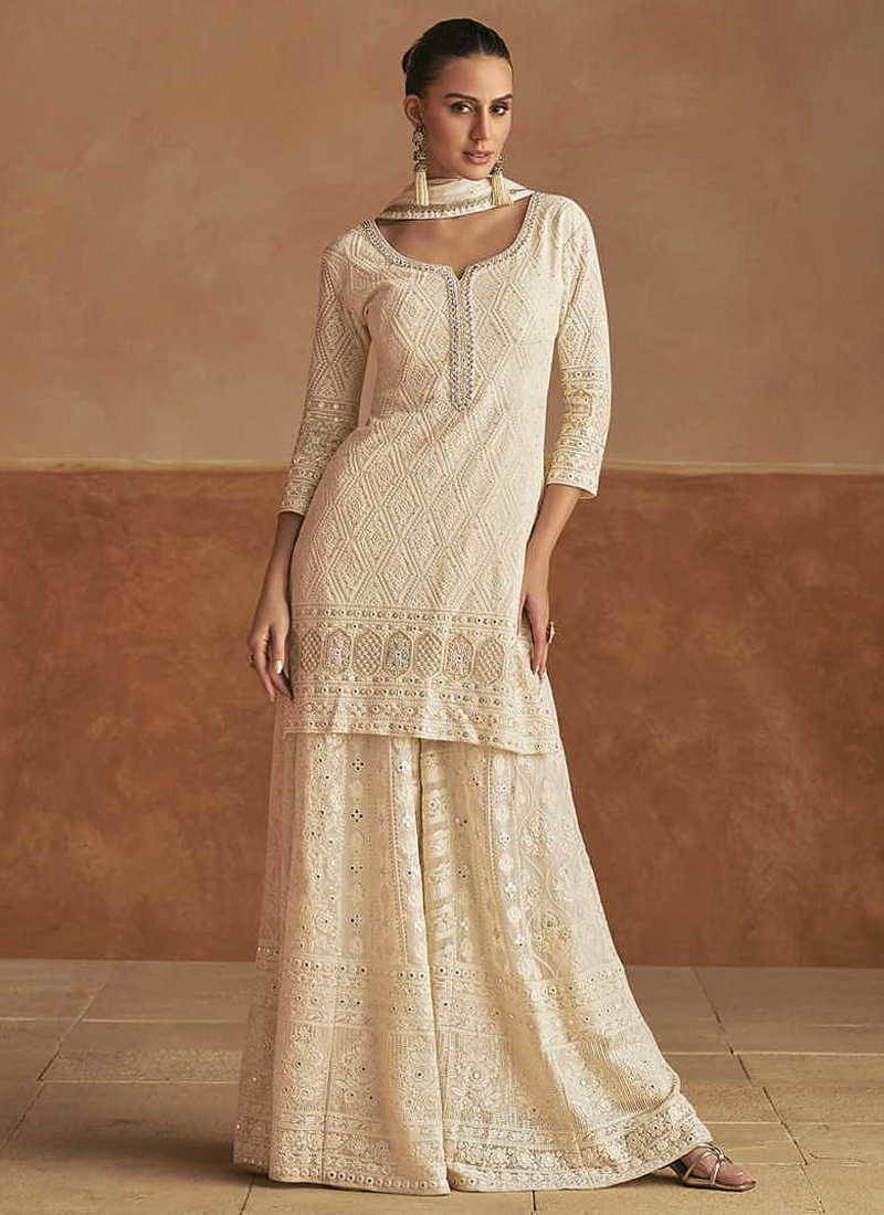 Cream faux georgette readymade embroidered palazzo suit