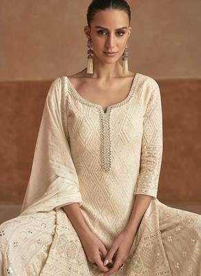 Cream faux georgette readymade embroidered palazzo suit 2