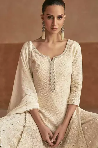 Cream faux georgette readymade embroidered palazzo suit