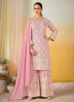 Pink faux georgette readymade embroidered palazzo suit 1