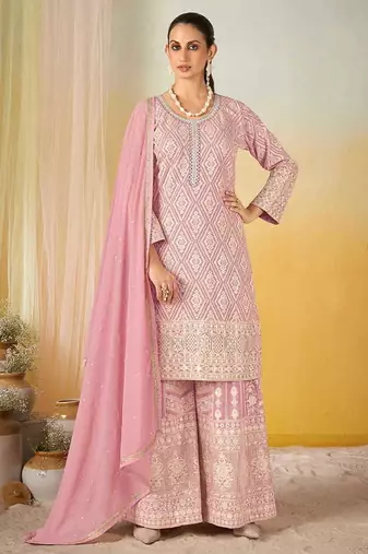 Pink faux georgette readymade embroidered palazzo suit