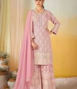 Pink faux georgette readymade embroidered palazzo suit