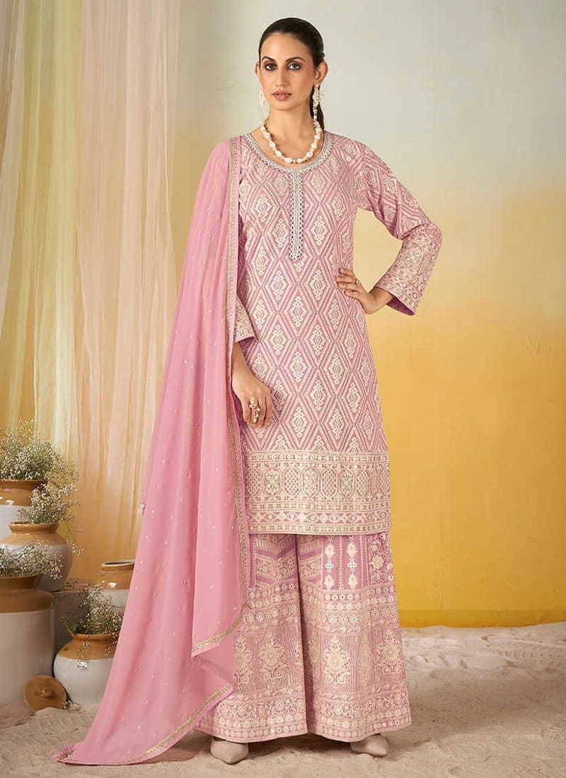 Pink faux georgette readymade embroidered palazzo suit