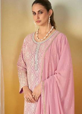 Pink faux georgette readymade embroidered palazzo suit 2