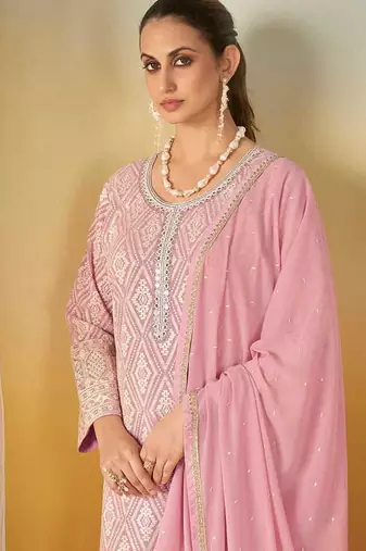 Pink faux georgette readymade embroidered palazzo suit