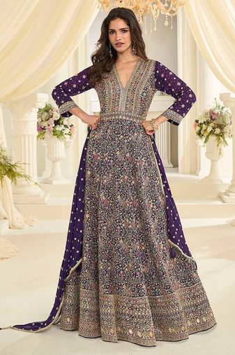 Purple faux georgette embroidered readymade anarkali suit