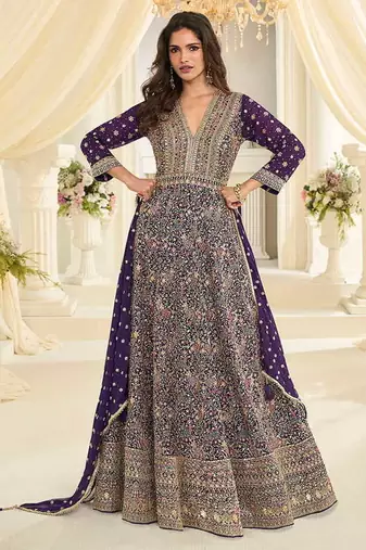 Purple faux georgette embroidered readymade anarkali suit