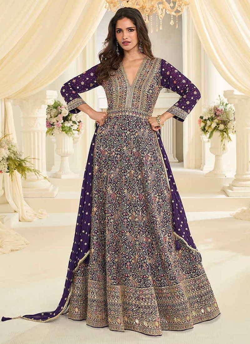 Purple faux georgette embroidered readymade anarkali suit