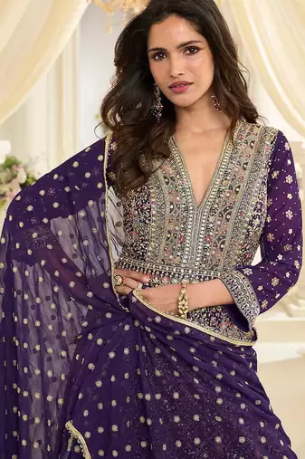 Purple faux georgette embroidered readymade anarkali suit