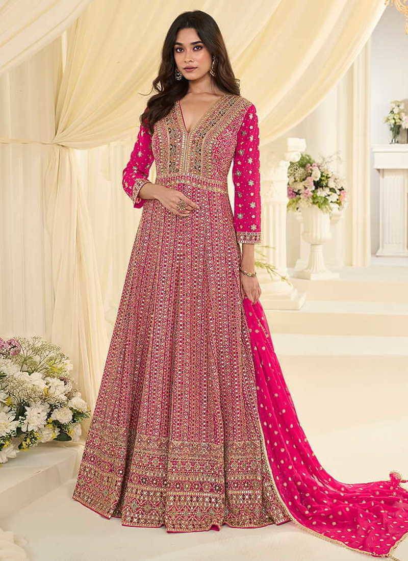 Rani pink faux georgette embroidered readymade anarkali suit