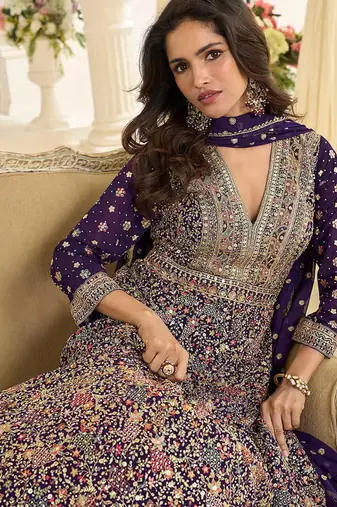 Purple faux georgette embroidered readymade anarkali suit
