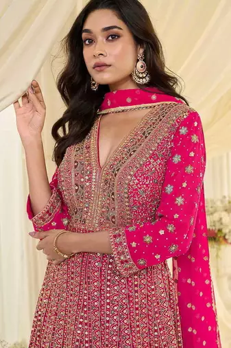 Rani pink faux georgette embroidered readymade anarkali suit