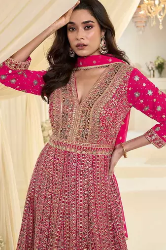 Rani pink faux georgette embroidered readymade anarkali suit