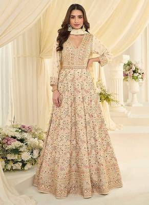 Cream faux georgette embroidered readymade anarkali suit 1