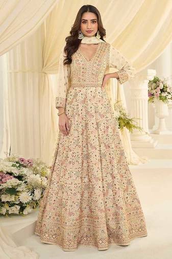 Cream faux georgette embroidered readymade anarkali suit