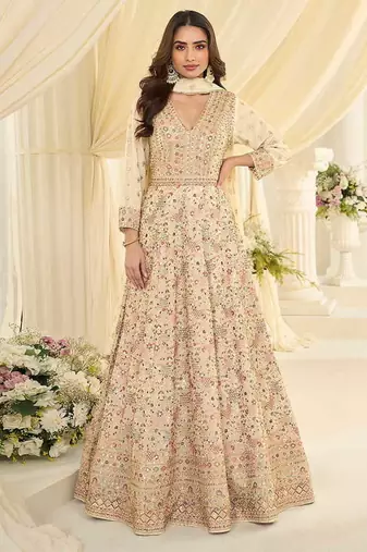 Cream faux georgette embroidered readymade anarkali suit