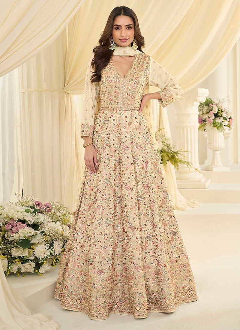 Cream faux georgette embroidered readymade anarkali suit
