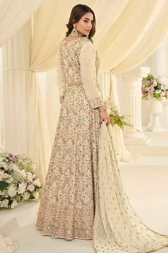Cream faux georgette embroidered readymade anarkali suit