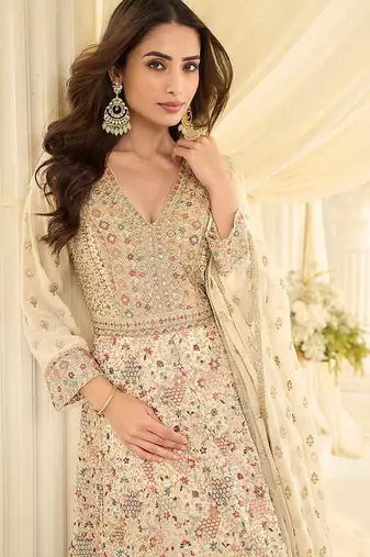 Cream faux georgette embroidered readymade anarkali suit