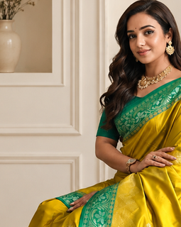mustard yellow color zari weaves contrast pallu and designer chaap border silk blend saree