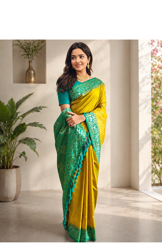 mustard yellow color zari weaves contrast pallu and designer chaap border silk blend saree 2