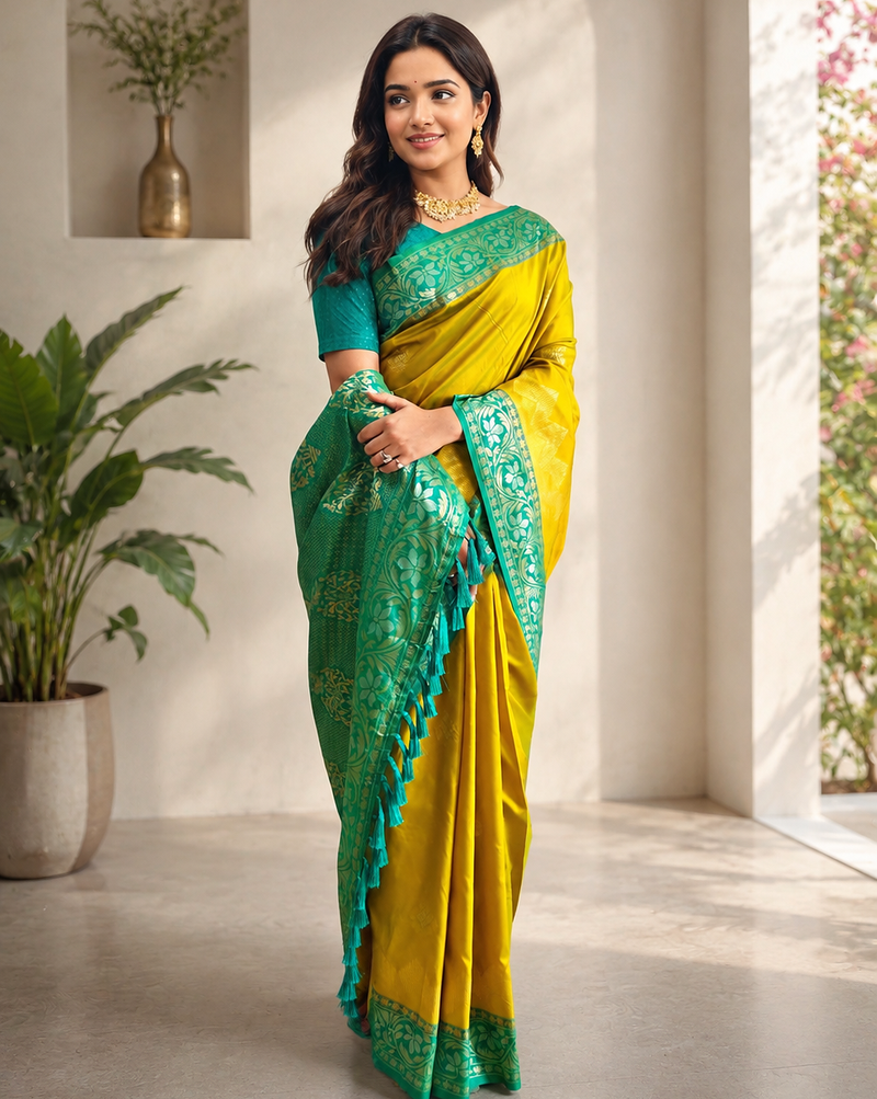 mustard yellow color zari weaves contrast pallu and designer chaap border silk blend saree
