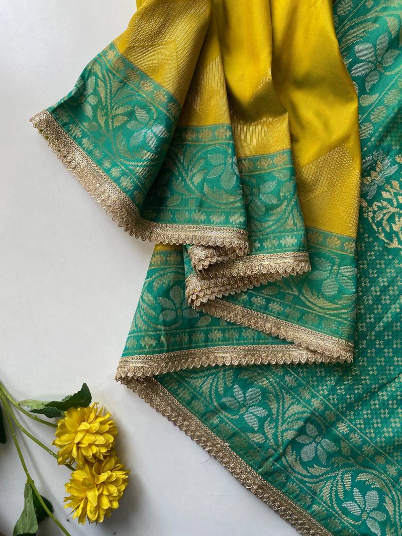 mustard yellow color zari weaves contrast pallu and designer chaap border silk blend saree