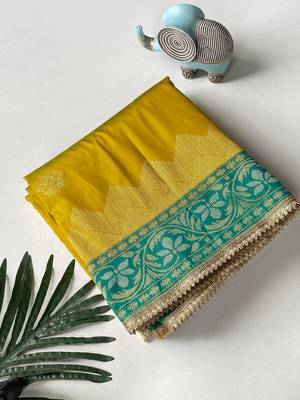 mustard yellow color zari weaves contrast pallu and designer chaap border silk blend saree 4