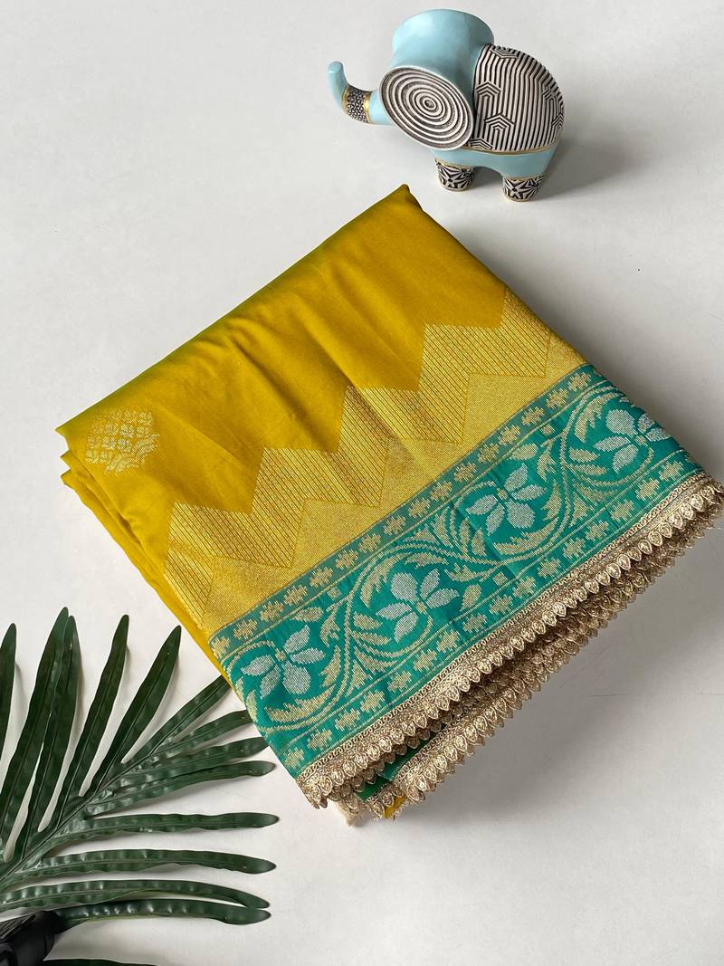 mustard yellow color zari weaves contrast pallu and designer chaap border silk blend saree