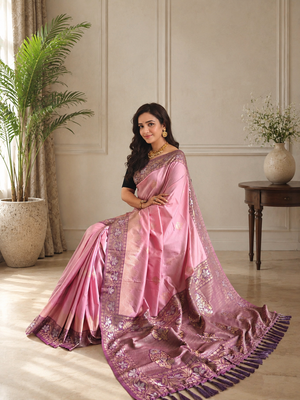 onion pink color zari weaves contrast pallu and designer chaap border silk blend saree 1