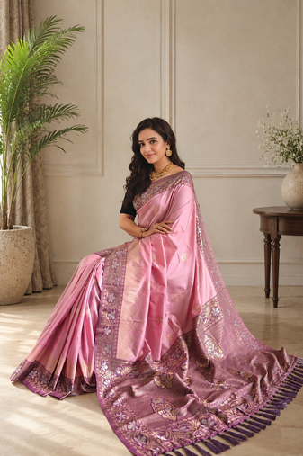 onion pink color zari weaves contrast pallu and designer chaap border silk blend saree