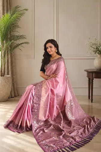 onion pink color zari weaves contrast pallu and designer chaap border silk blend saree