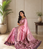 onion pink color zari weaves contrast pallu and designer chaap border silk blend saree