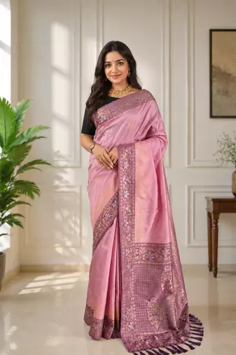 onion pink color zari weaves contrast pallu and designer chaap border silk blend saree