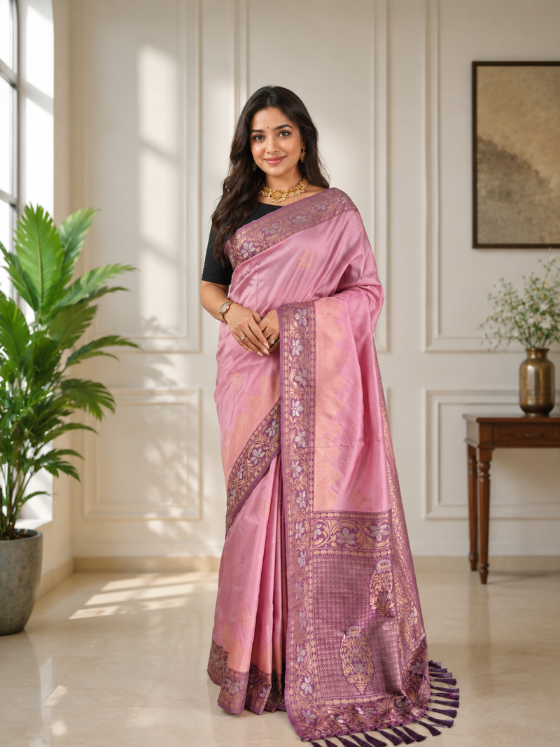 onion pink color zari weaves contrast pallu and designer chaap border silk blend saree