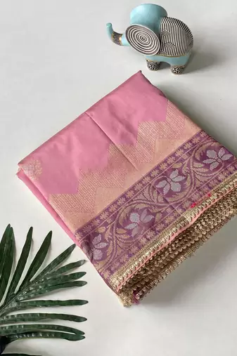 onion pink color zari weaves contrast pallu and designer chaap border silk blend saree