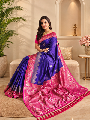 purple color zari weaves contrast pallu and designer chaap border silk blend saree 1