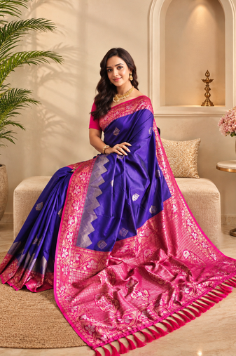 purple color zari weaves contrast pallu and designer chaap border silk blend saree
