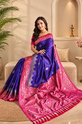 purple color zari weaves contrast pallu and designer chaap border silk blend saree