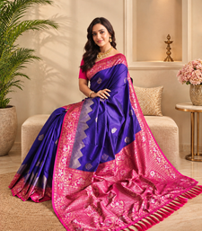 purple color zari weaves contrast pallu and designer chaap border silk blend saree
