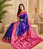purple color zari weaves contrast pallu and designer chaap border silk blend saree