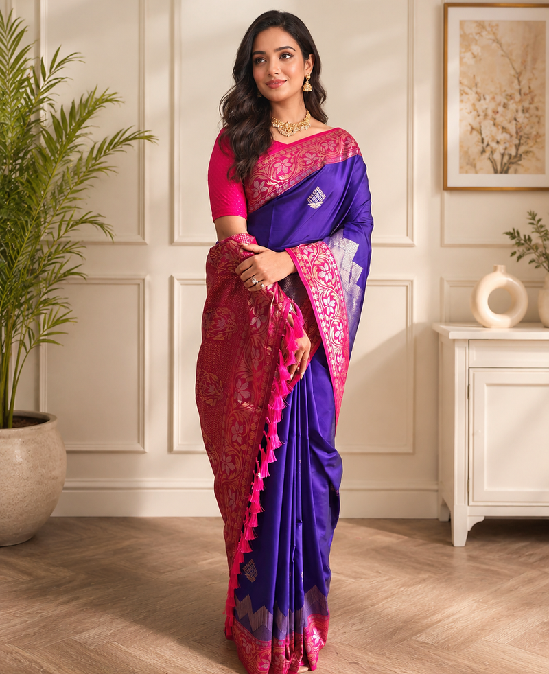 purple color zari weaves contrast pallu and designer chaap border silk blend saree